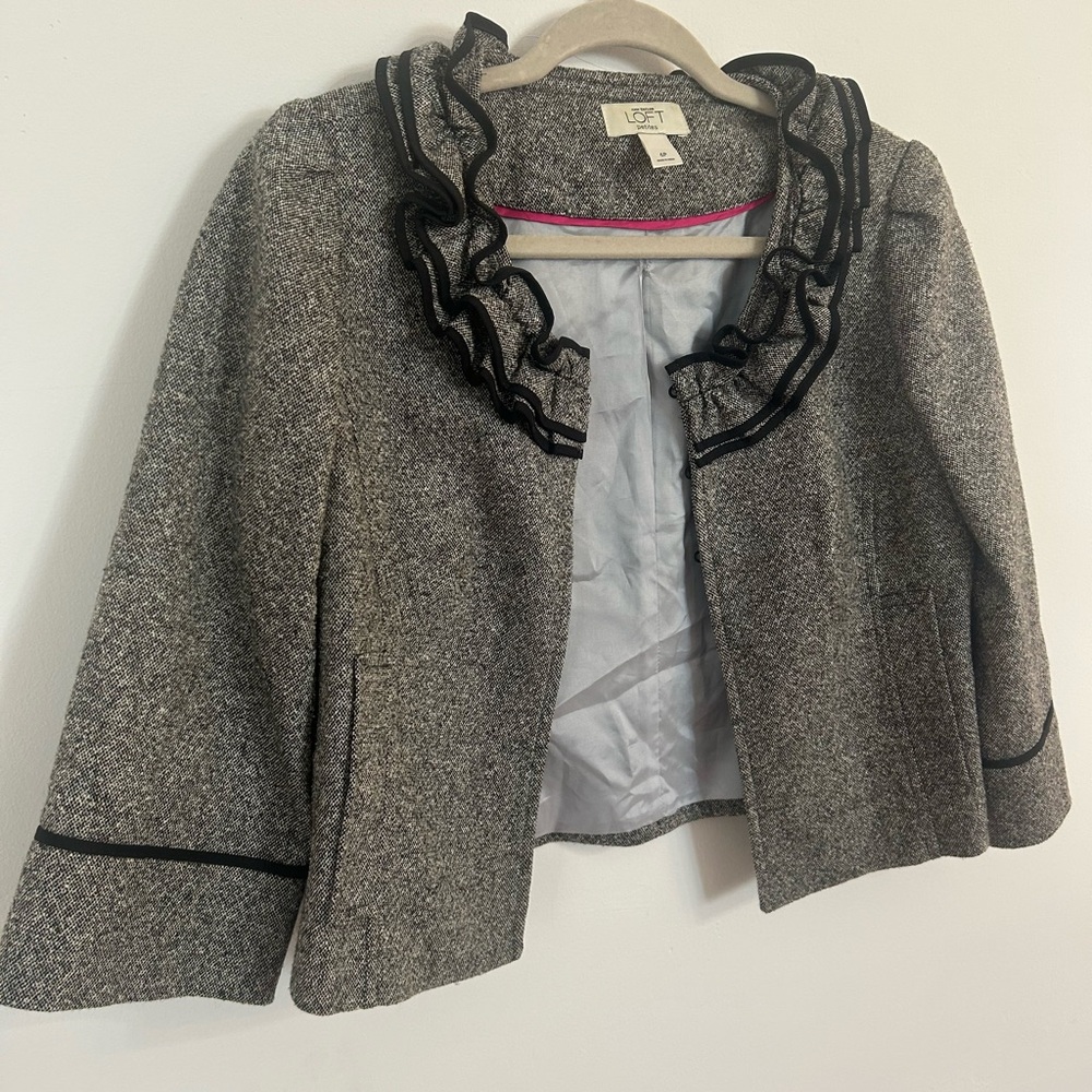 Gray Ruffled Blazer with Black Trim